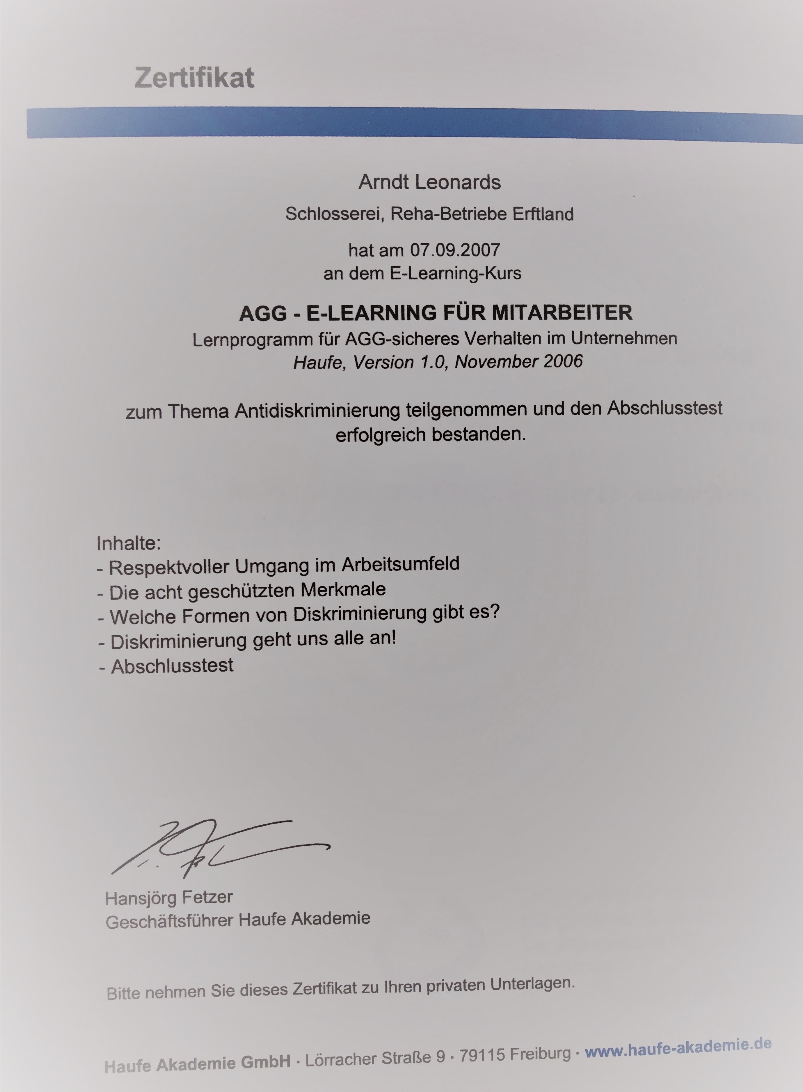 AGG-Schulung Zertifikat Arndt Leonards Düren eLearning-System Mitarbeiterinnen Führungskräfte