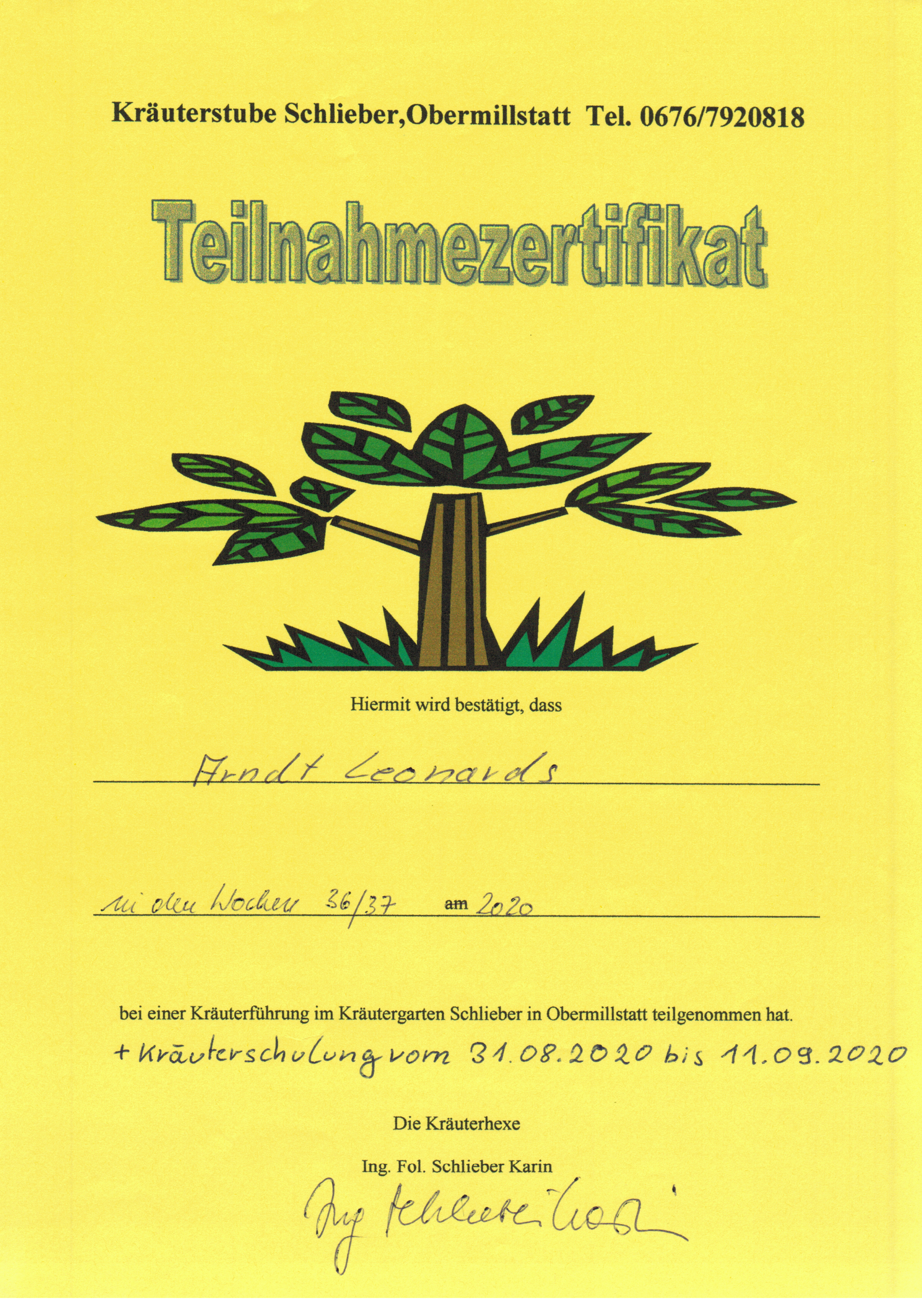 Kräuterschulung Zertifikat Arndt Leonards Kräuterstube Karin Schlieber - Naturheilpraxis Düren - Alternativmedizin & Ganzheitliche Medizin